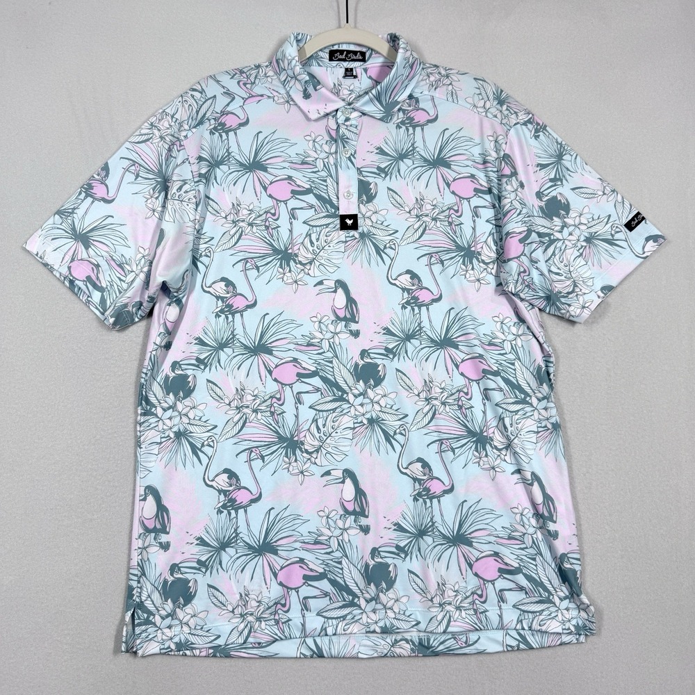 Bad‎ Birdie Polo Shirt Mens Large Flamingo Toucan Print Performance Stretch Golf